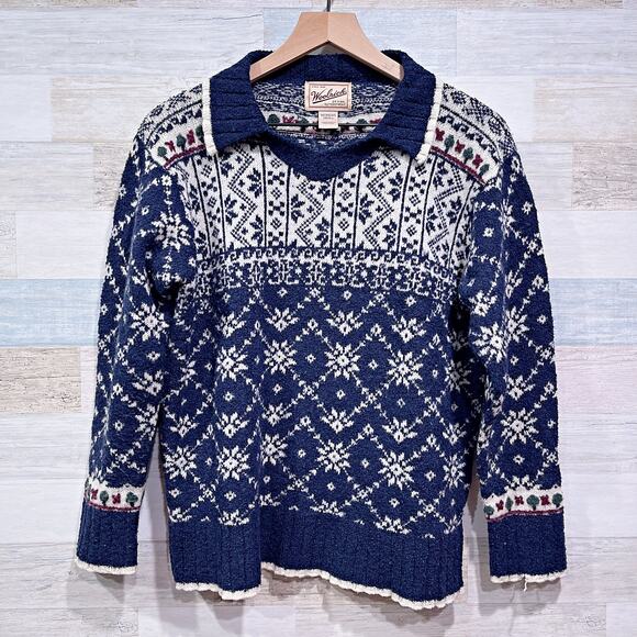 Woolrich Vintage Wool Fair Isle Tipped Polo Sweater Blue Fisherman Womens Small - Picture 1 of 7
